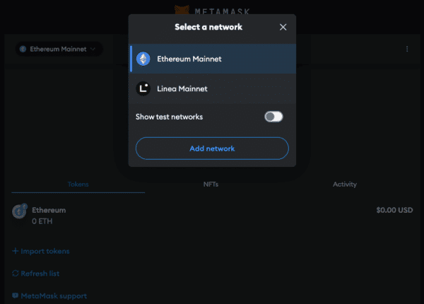 MetaMask add network manually screen