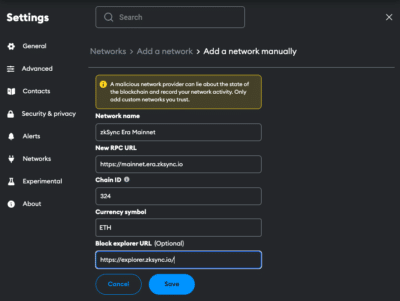 zkSync network details form in MetaMask