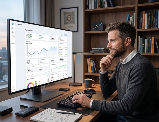 Osoba pracująca przy biurku z CoinTracking na monitorze