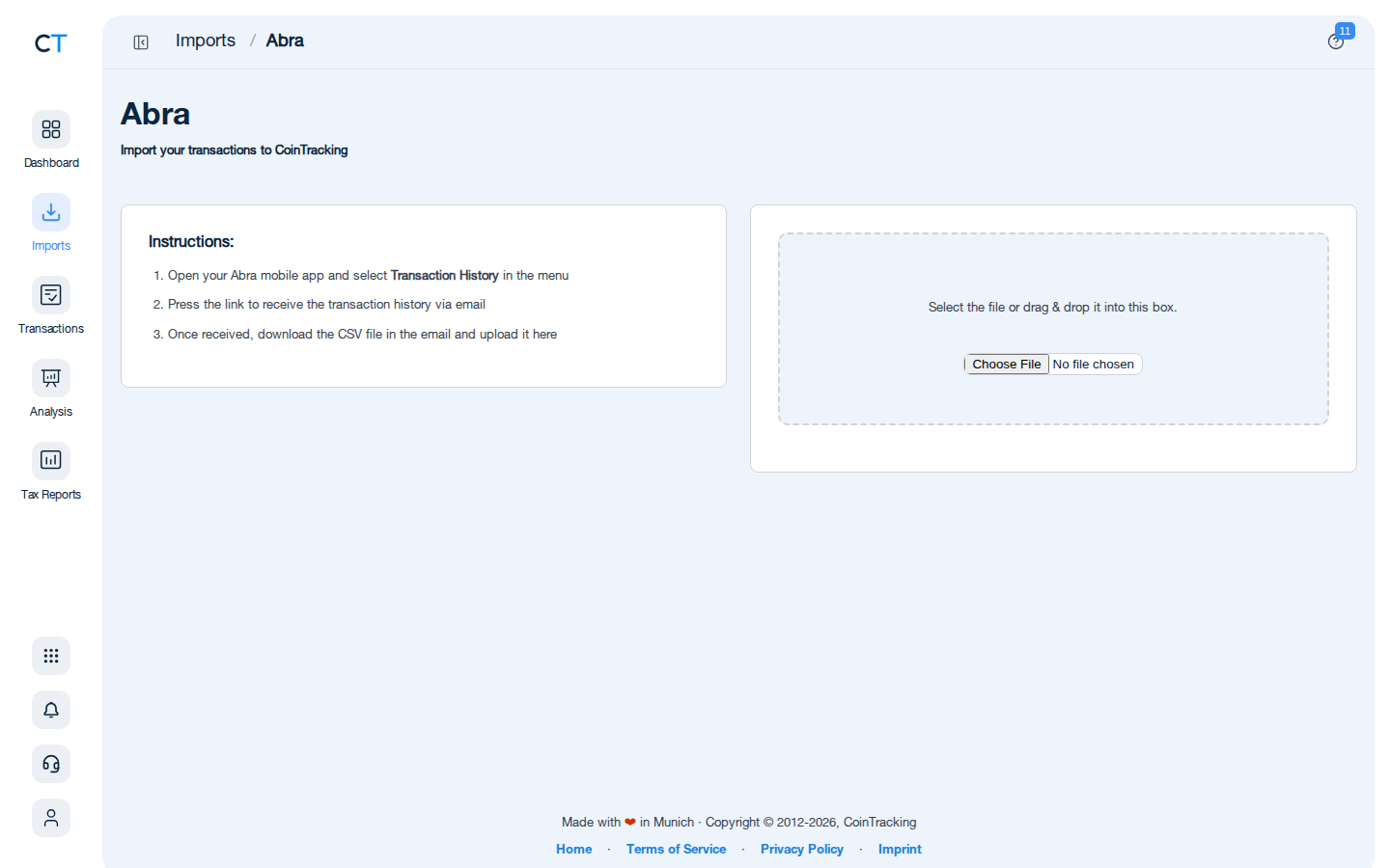 Abra import page in CoinTracking with CSV file upload area and step-by-step instructions