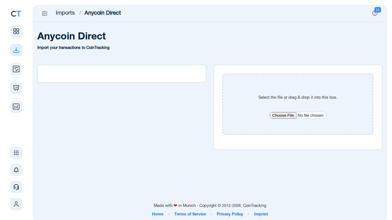 Anycoin-Direct-Importseite in CoinTracking mit CSV-Upload-Bereich und Schritt-für-Schritt-Anleitung
