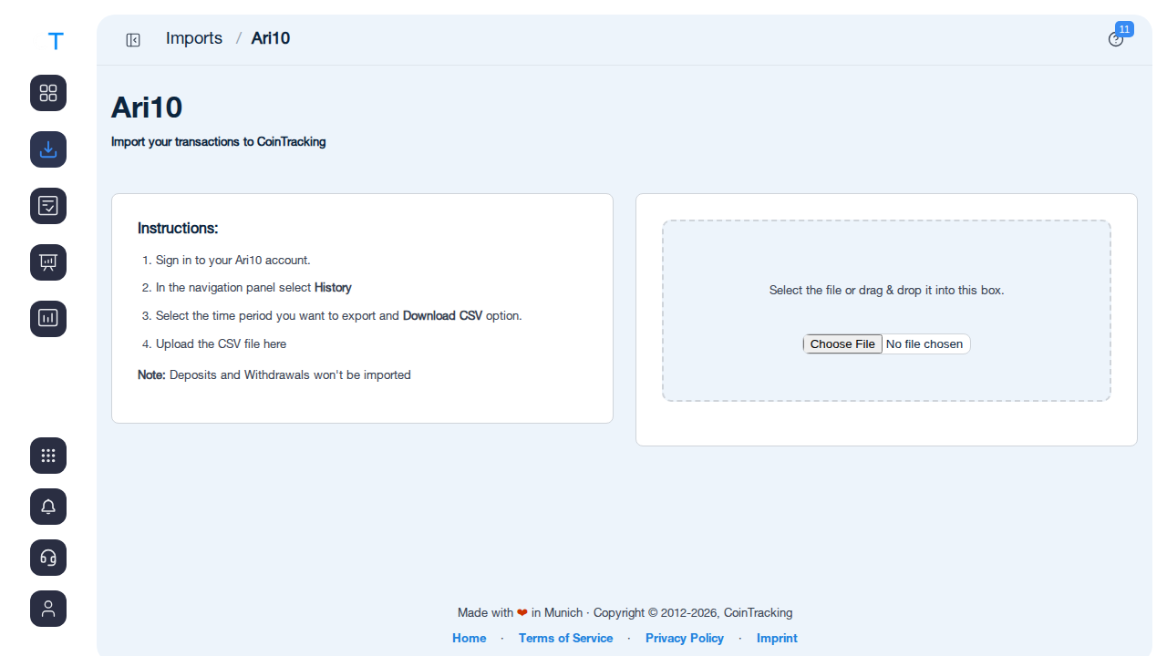 Ari10 Import-Seite in CoinTracking mit Importanleitung und CSV-Upload-Bereich
