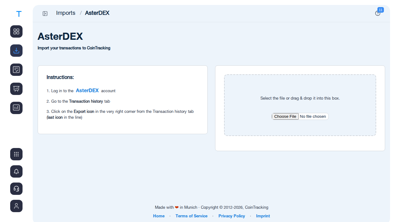 AsterDEX Import-Seite in CoinTracking mit CSV-Upload-Button
