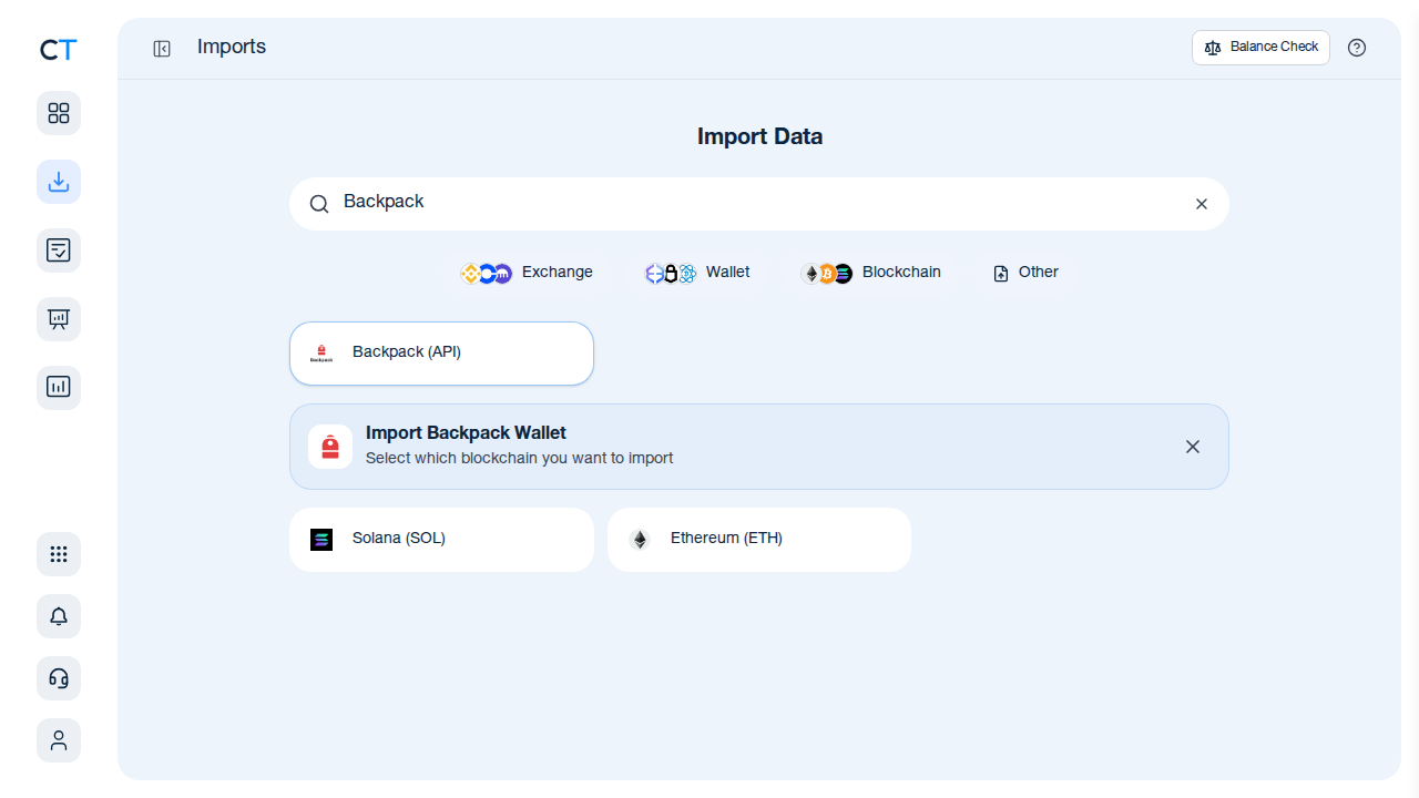 Backpack Import-Seite in CoinTracking mit Anleitung und CSV-Upload-Button