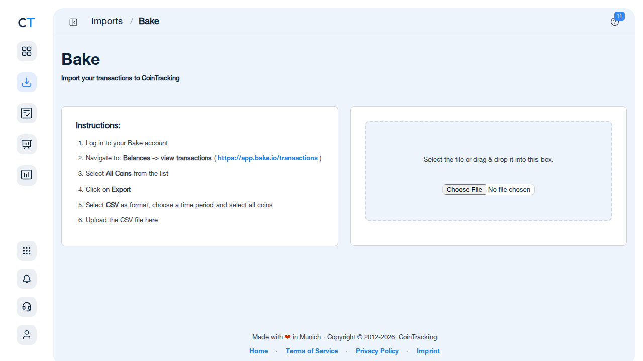 Bake Import-Seite in CoinTracking mit Anleitung und CSV-Upload-Button