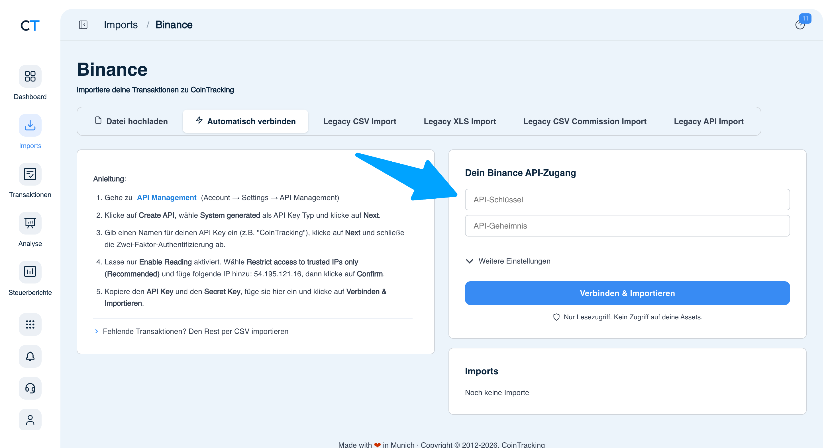 CoinTracking Binance Import mit API-Key und API-Geheimnis Feldern und Verbinden-Button