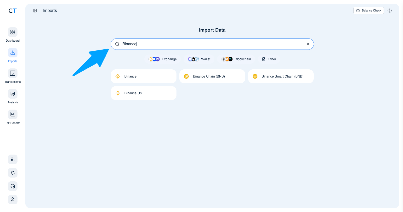 CoinTracking Import search showing Binance, Binance Chain BNB, Binance Smart Chain and Binance US results