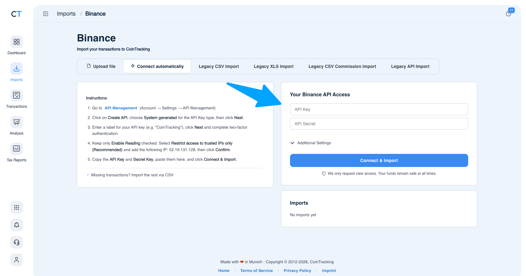CoinTracking Binance import form with API Key and API Secret fields and Connect & Import button