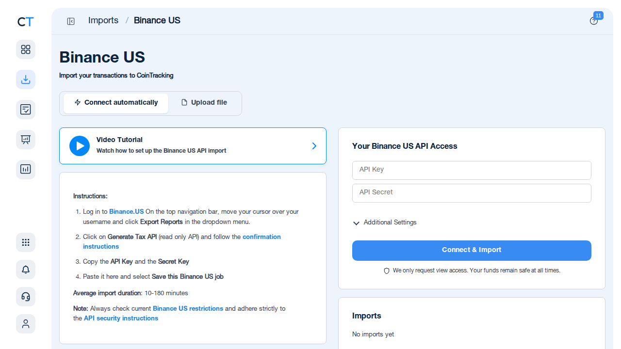 Binance US CSV import page in CoinTracking showing the import instructions and file upload area