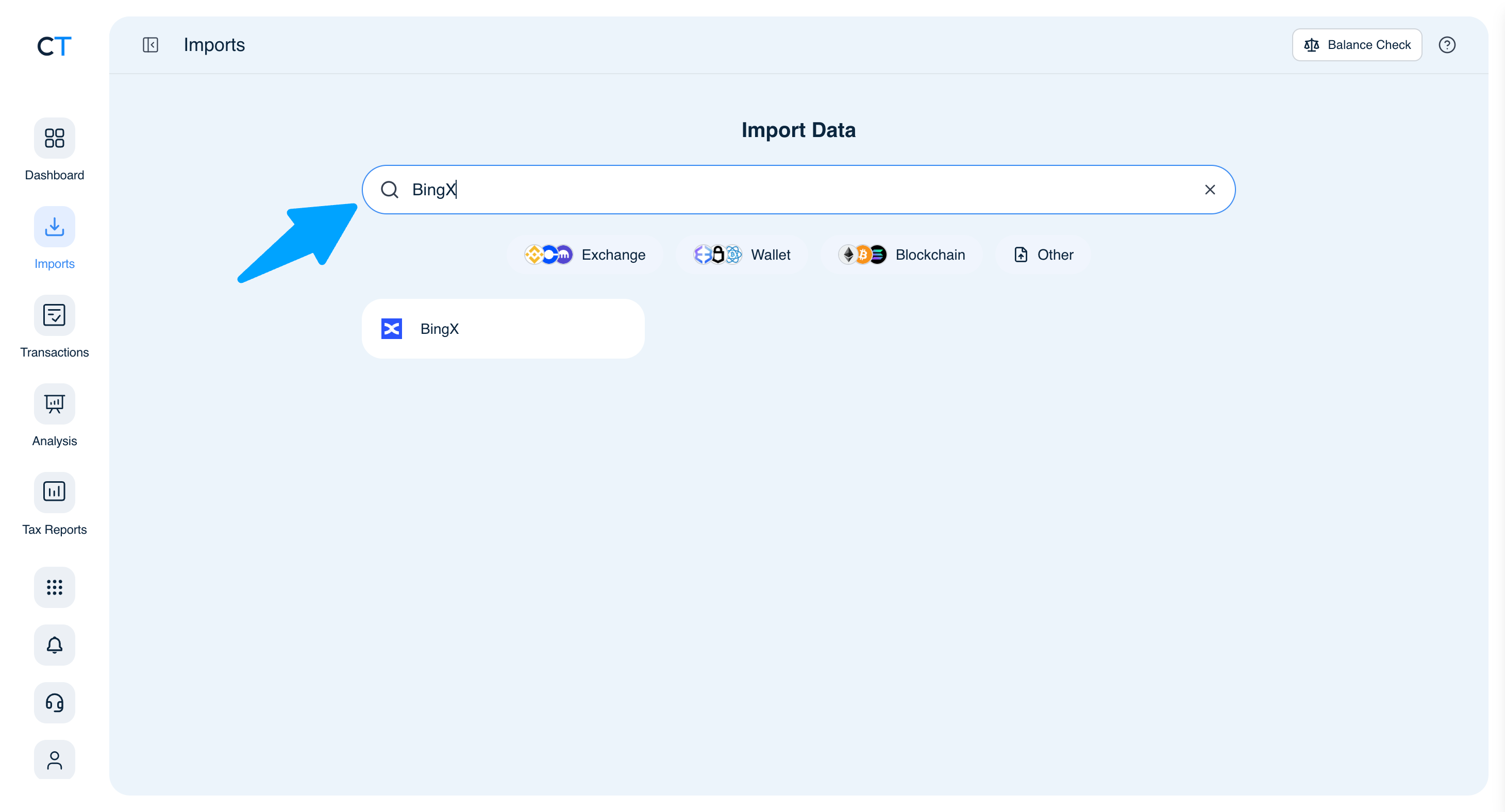CoinTracking Import-Suche mit BingX-Ergebnis
