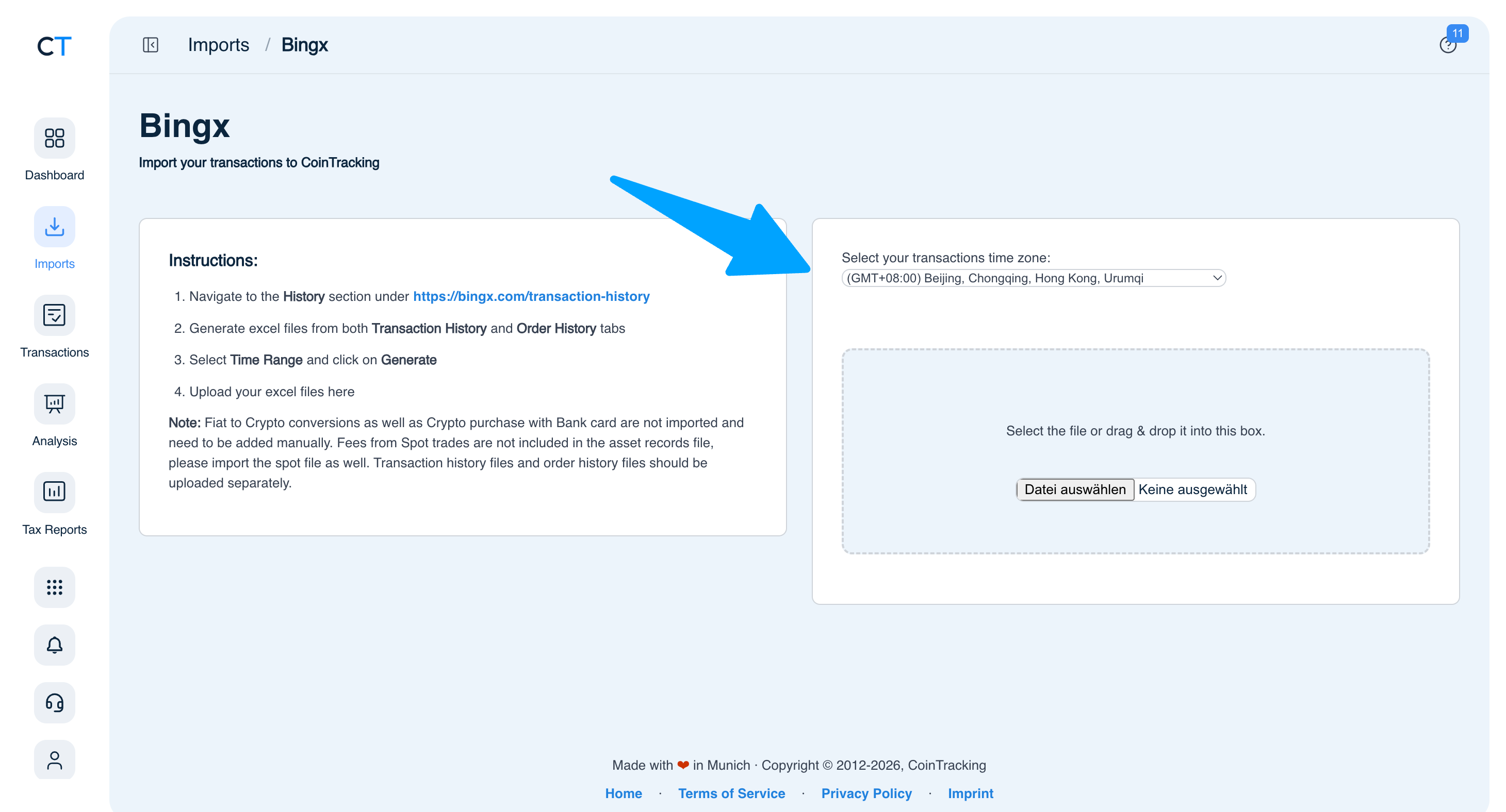 CoinTracking BingX import page showing CSV file upload with time zone selector and instructions