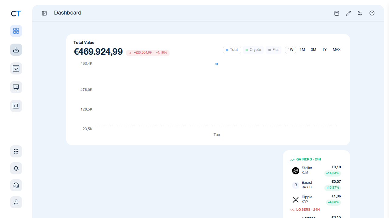 CoinTracking Dashboard mit hervorgehobenem Import-Symbol in der linken Navigation