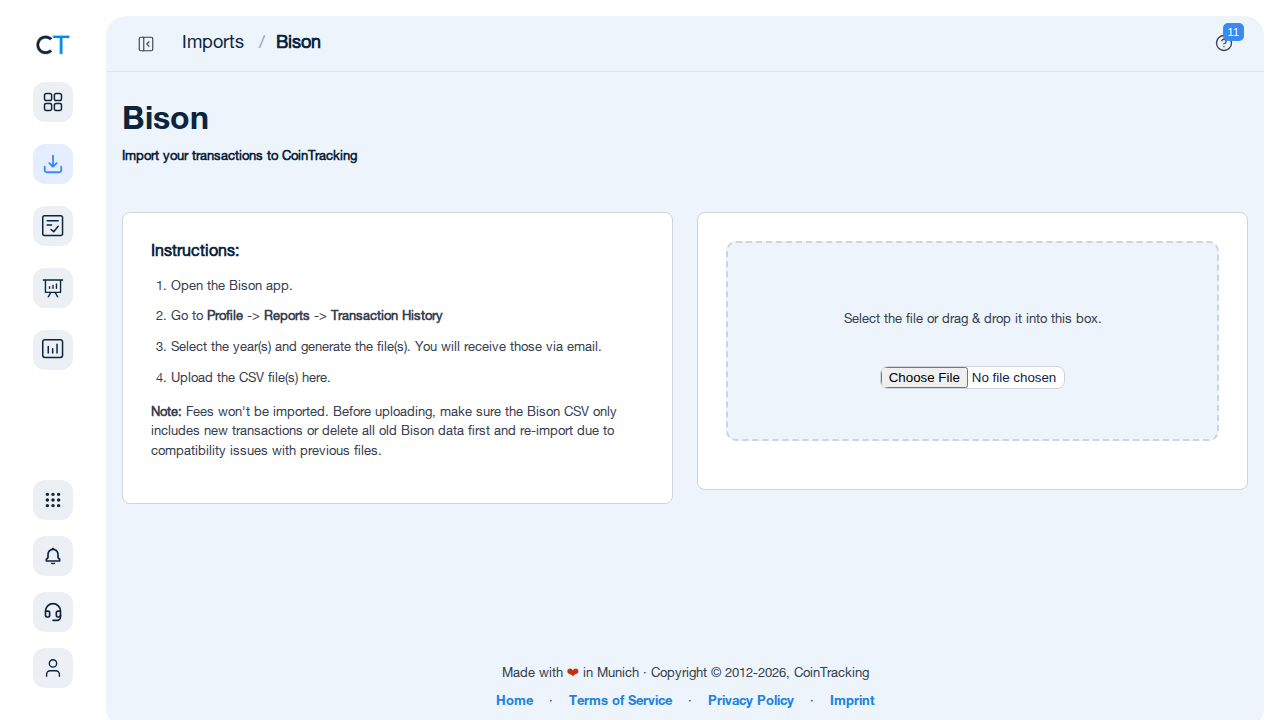 Bison Import-Seite in CoinTracking mit Anleitung und CSV-Upload-Bereich