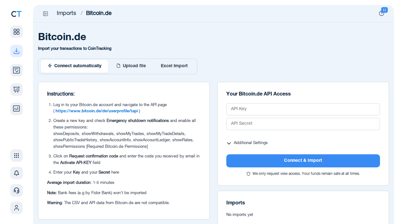 Bitcoin.de CSV import page in CoinTracking showing the import instructions and file upload area