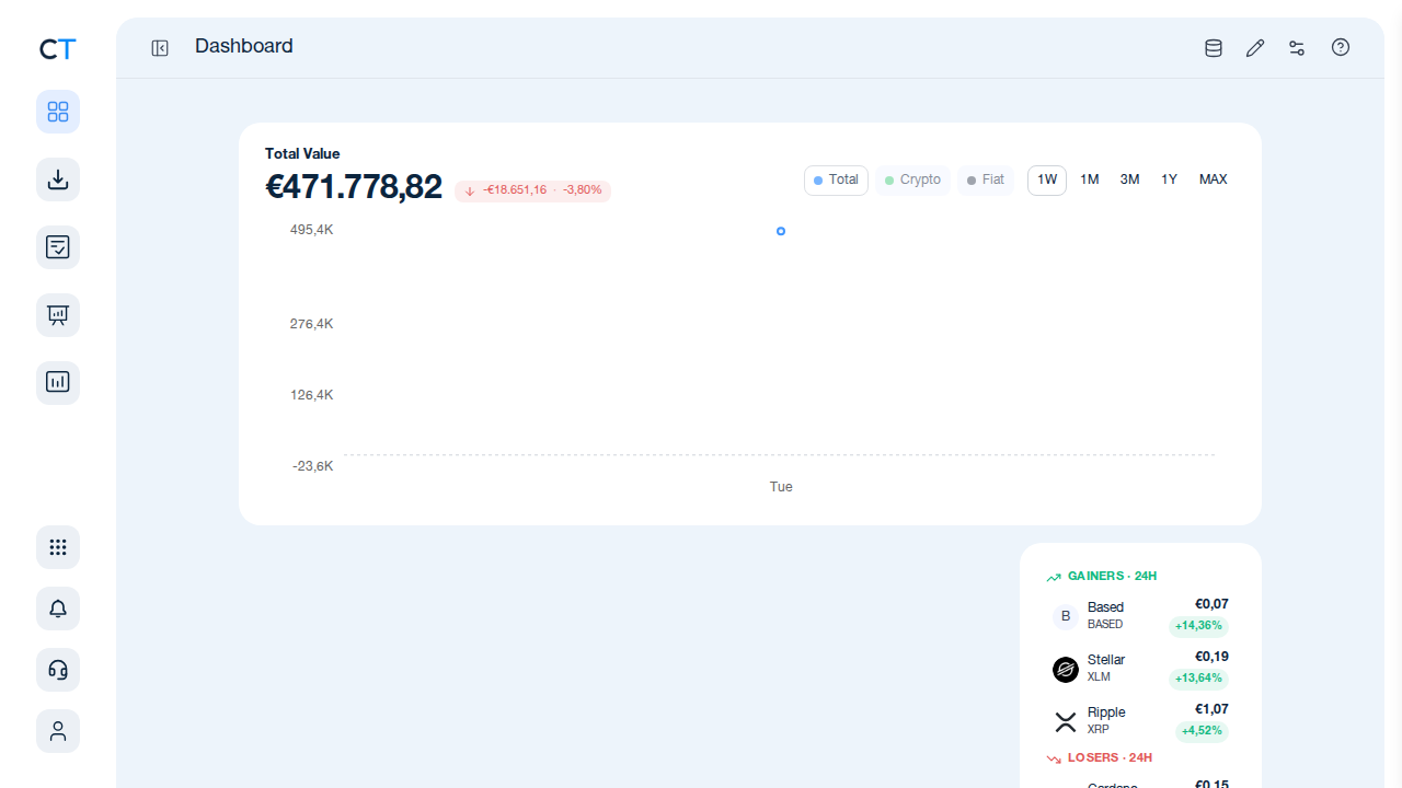 CoinTracking Dashboard with the Import icon highlighted in the left navigation