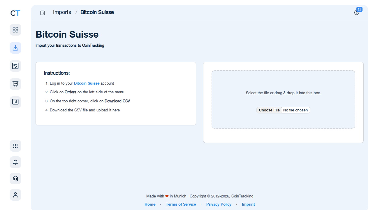 Bitcoin Suisse CSV import page in CoinTracking showing the import instructions and file upload area
