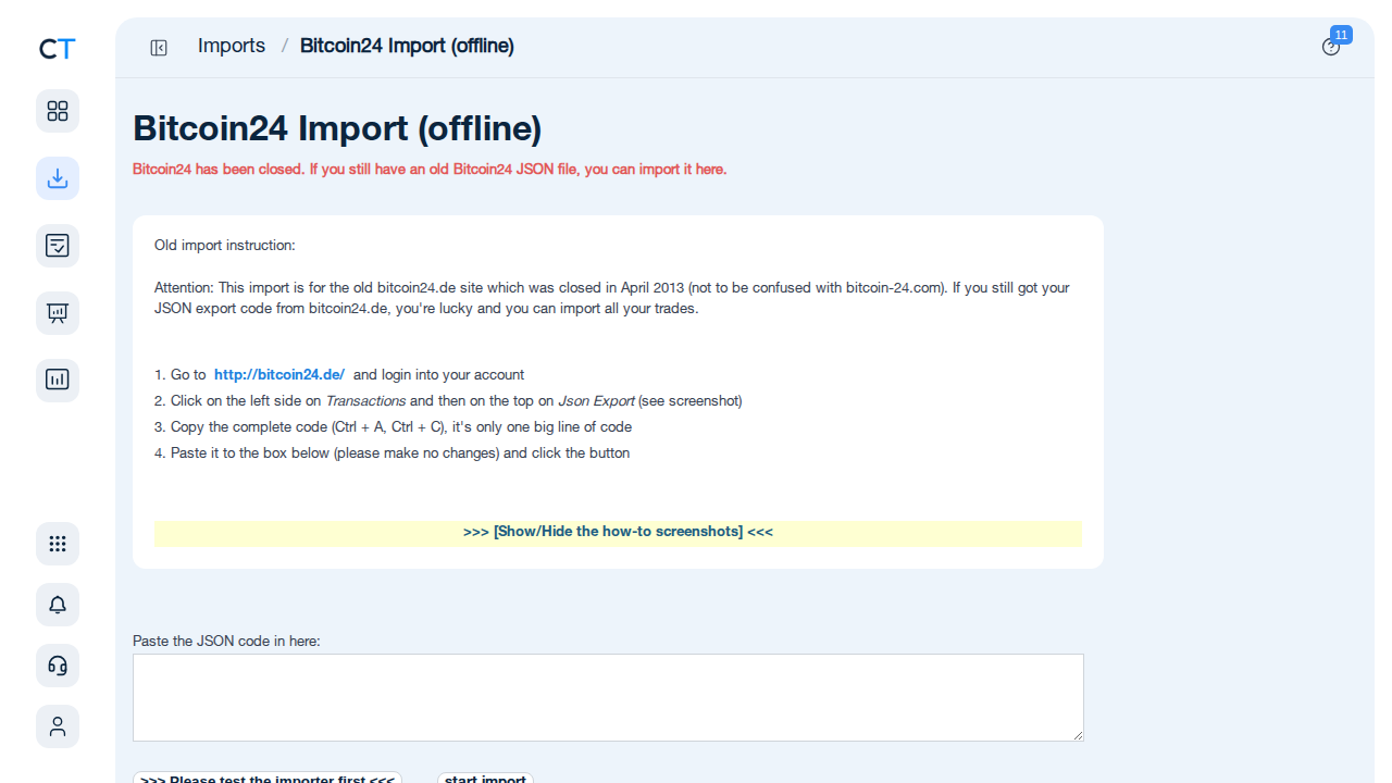 CoinTracking Bitcoin24 Importseite mit Offline-Hinweis und Import-Anleitung