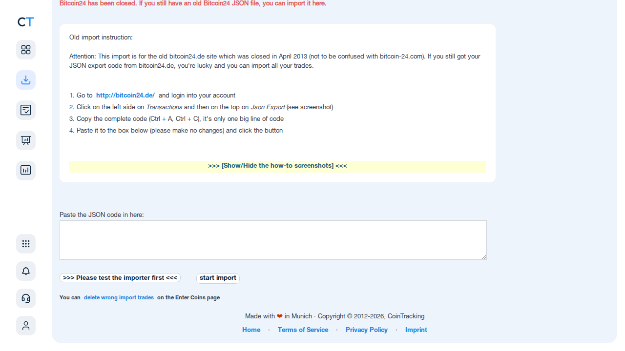 Bitcoin24 Importseite in CoinTracking mit JSON-Eingabefeld und Import-Button