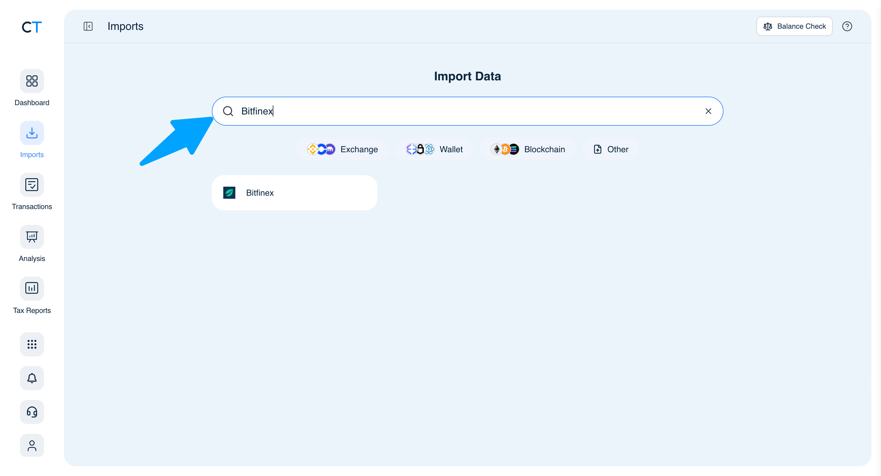 CoinTracking Import search showing Bitfinex result