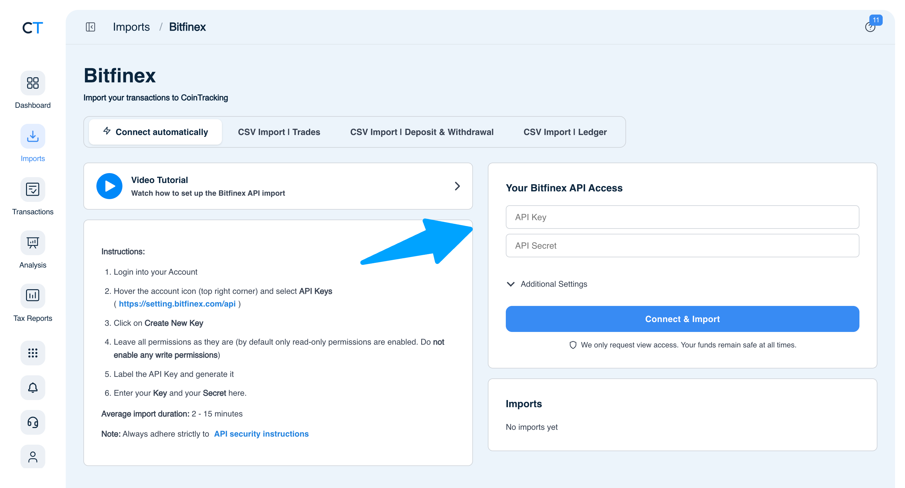 CoinTracking Bitfinex import page showing Connect automatically tab with API Key and API Secret fields