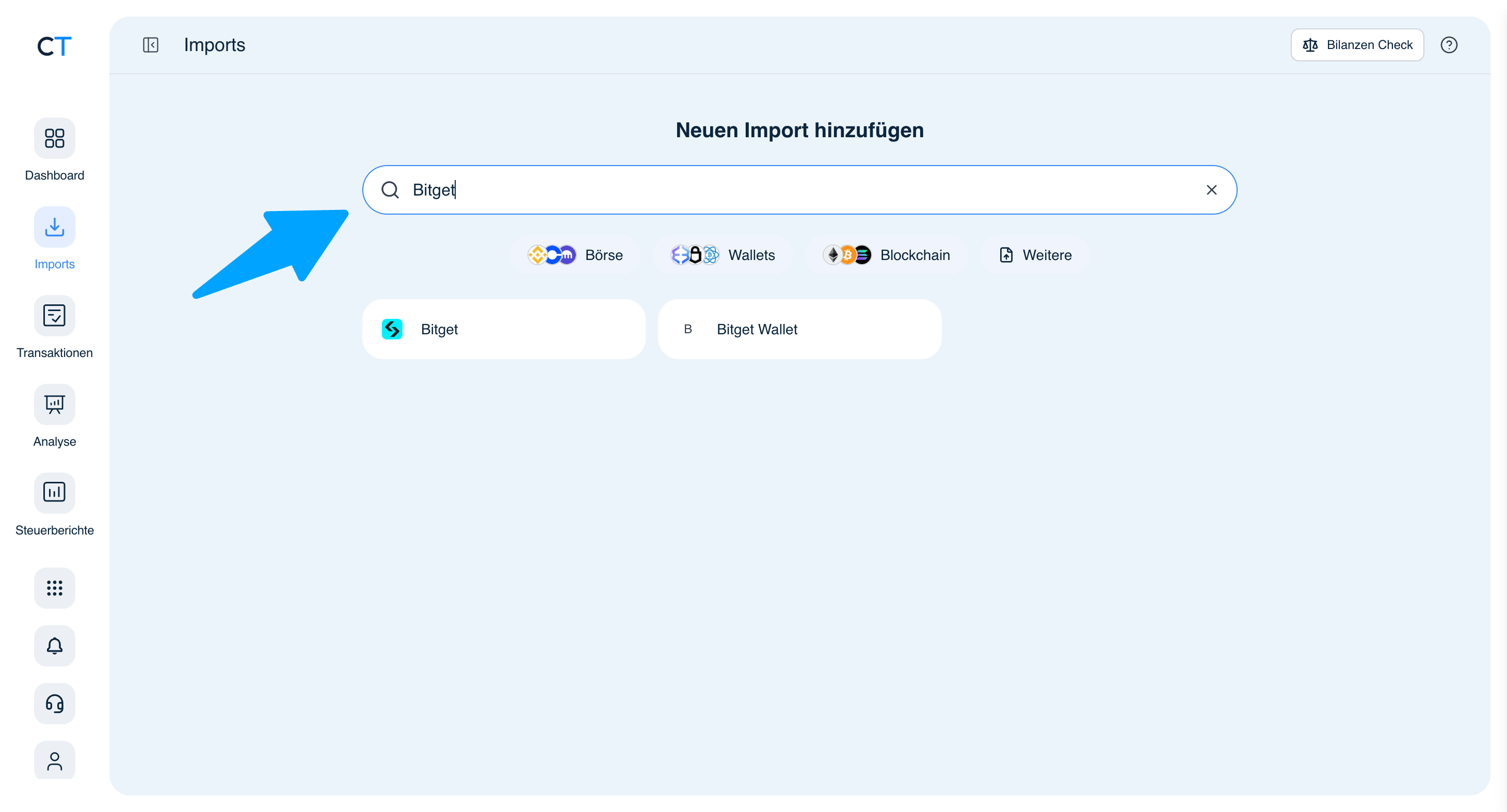 CoinTracking Import-Suche mit Bitget-Ergebnissen: Bitget und Bitget Wallet