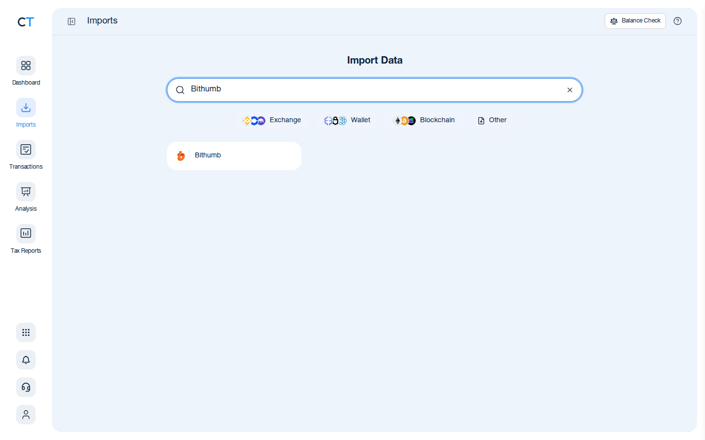 CoinTracking Import-Suche mit Bithumb-Ergebnis