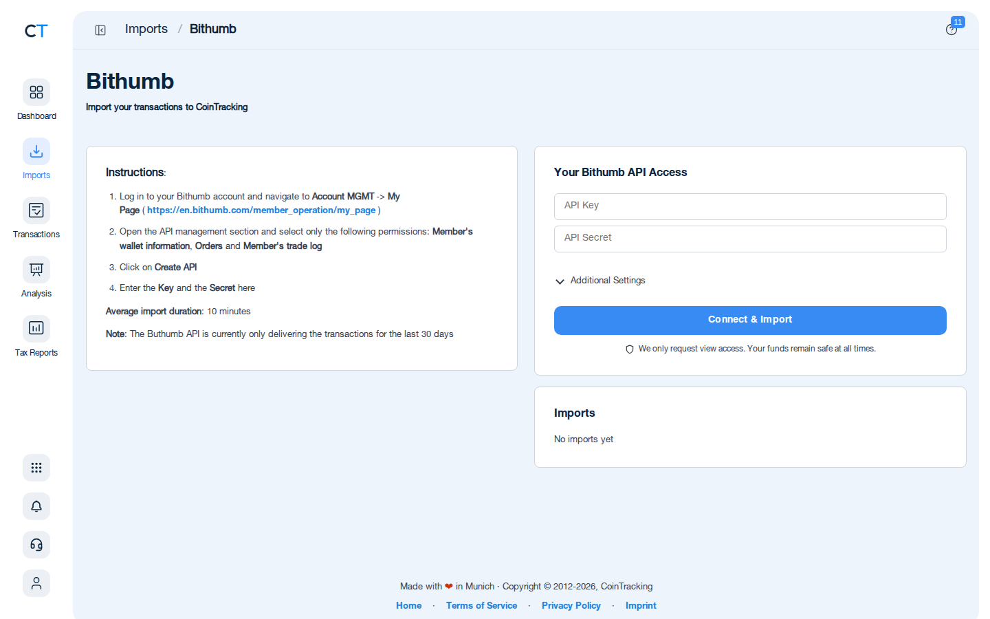Bithumb Import-Seite in CoinTracking mit CSV-Upload-Button