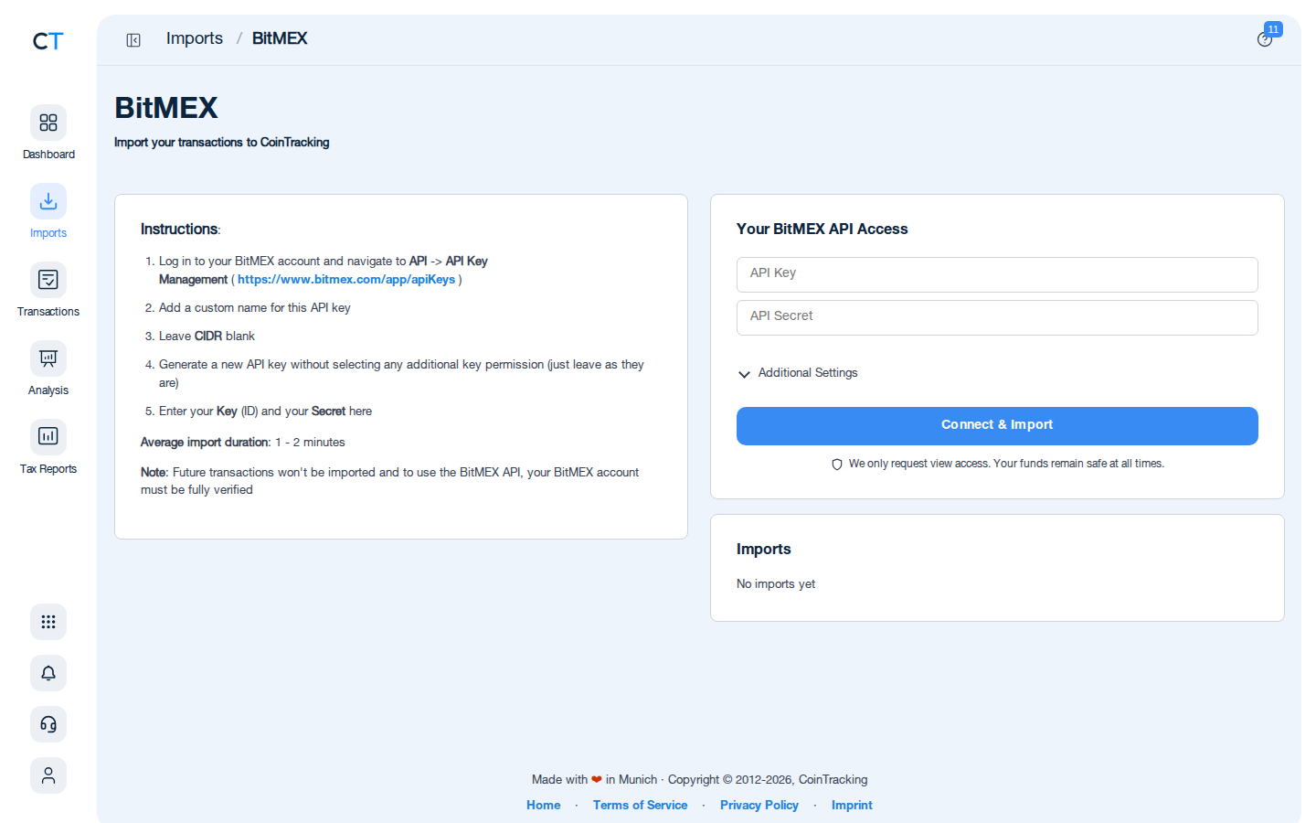BitMEX CSV import page in CoinTracking showing the import instructions and file upload area