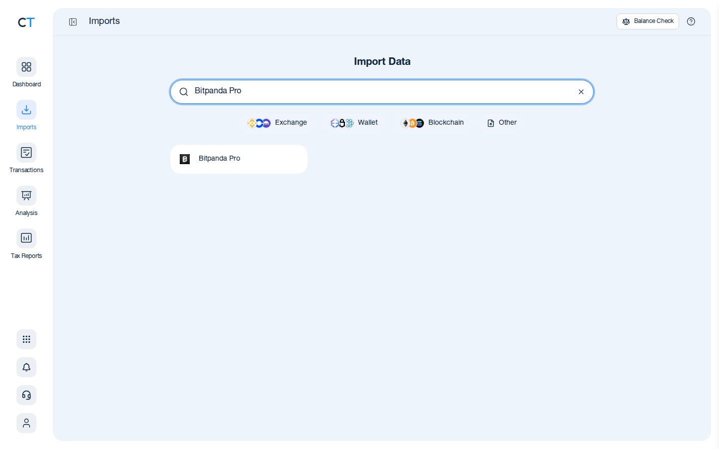 CoinTracking import search showing the Bitpanda Pro exchange card after typing Bitpanda Pro in the search box