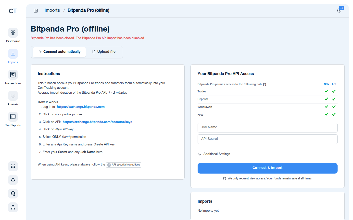 Bitpanda Pro CSV import page in CoinTracking showing the import instructions and file upload area