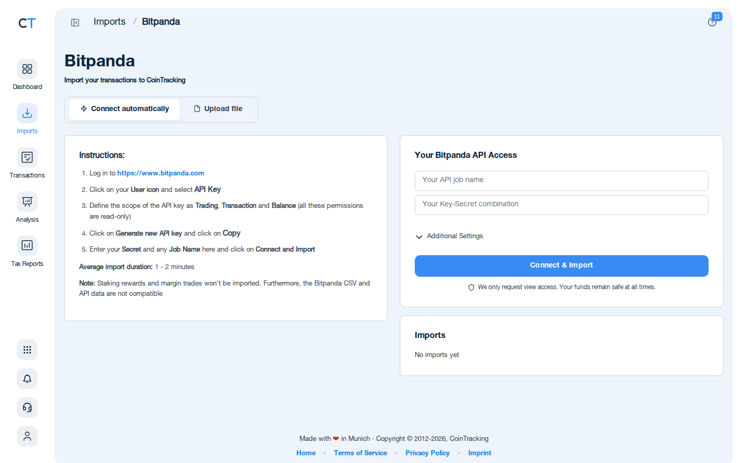 Bitpanda Import-Seite in CoinTracking mit Anleitung und CSV-Upload-Button