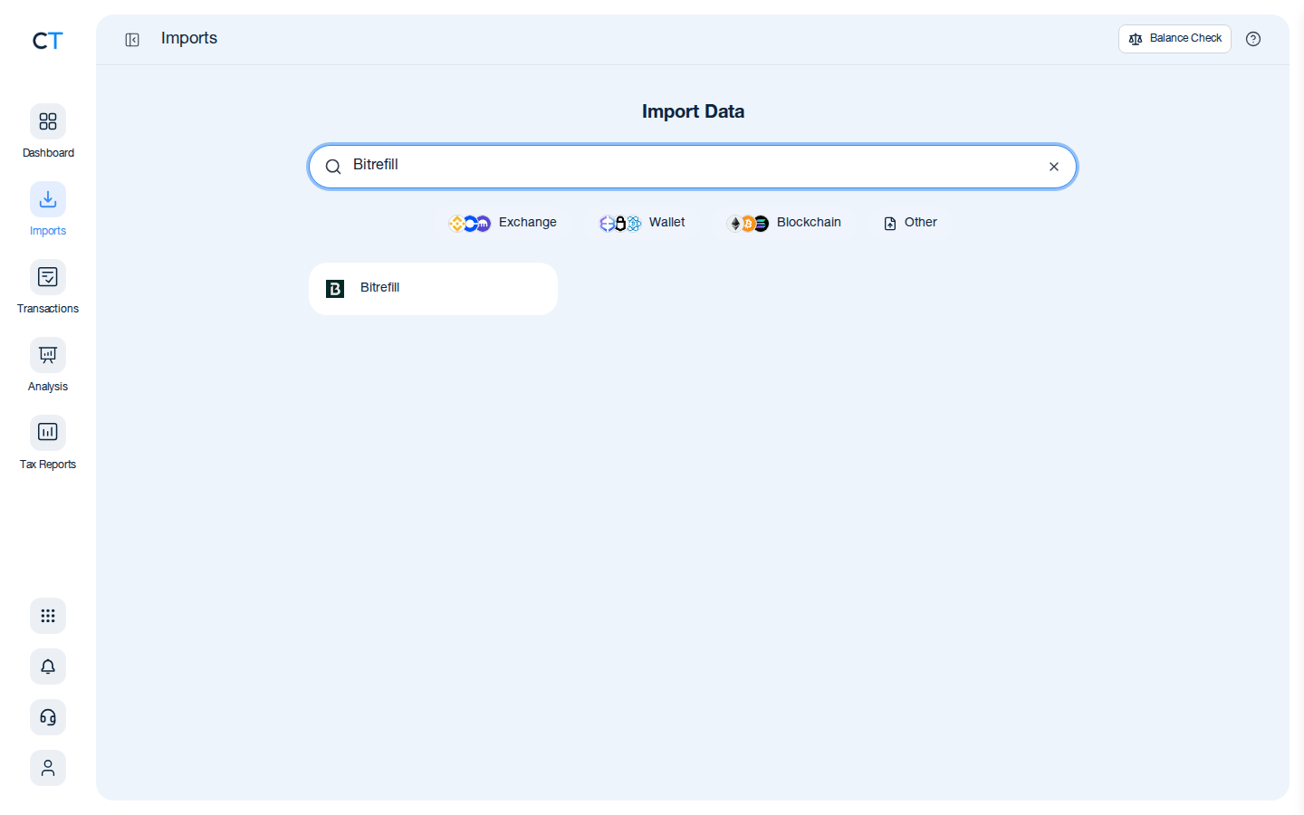 CoinTracking import search showing the Bitrefill card after typing Bitrefill in the search box