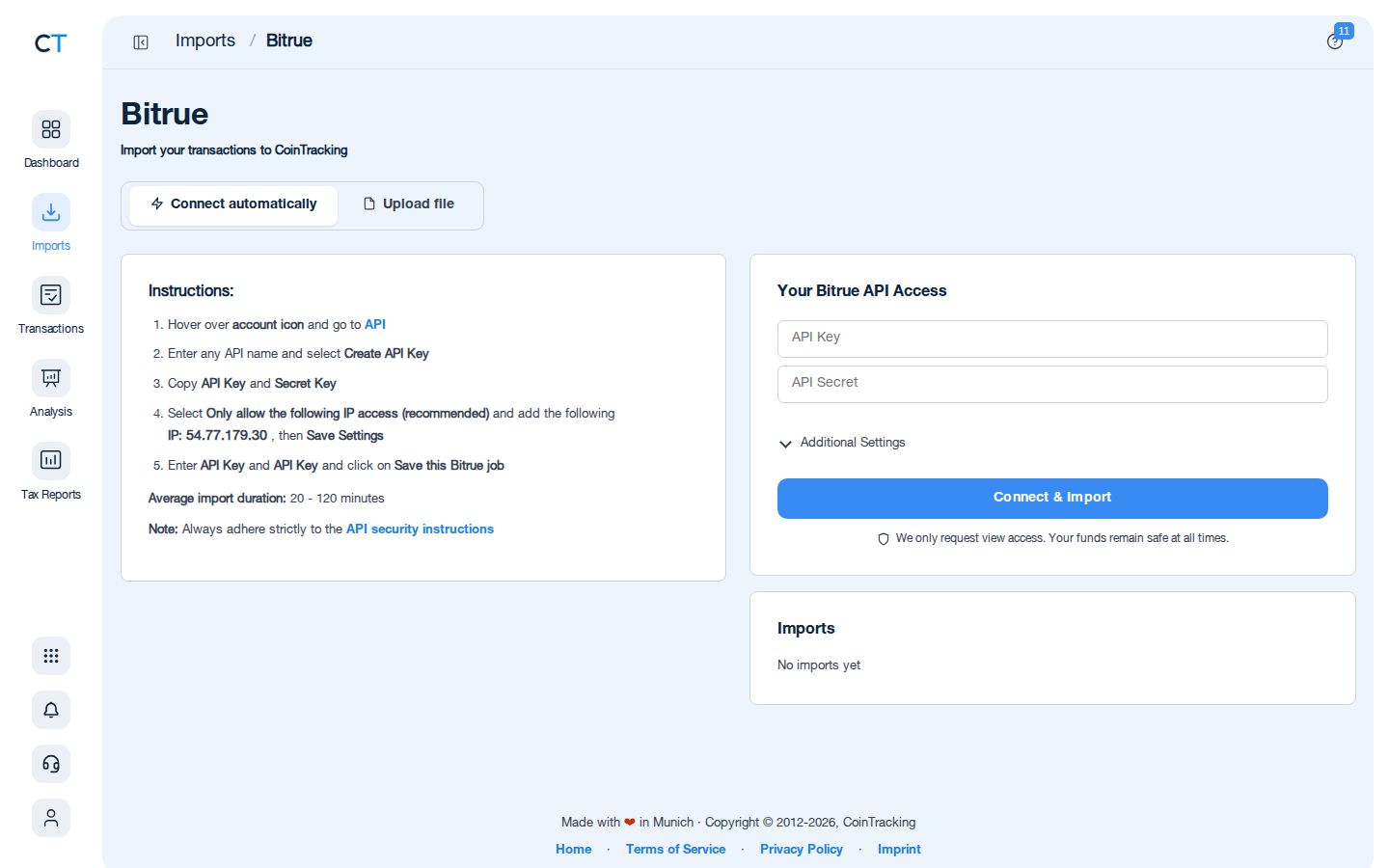 Bitrue CSV import page in CoinTracking showing the import instructions and file upload area
