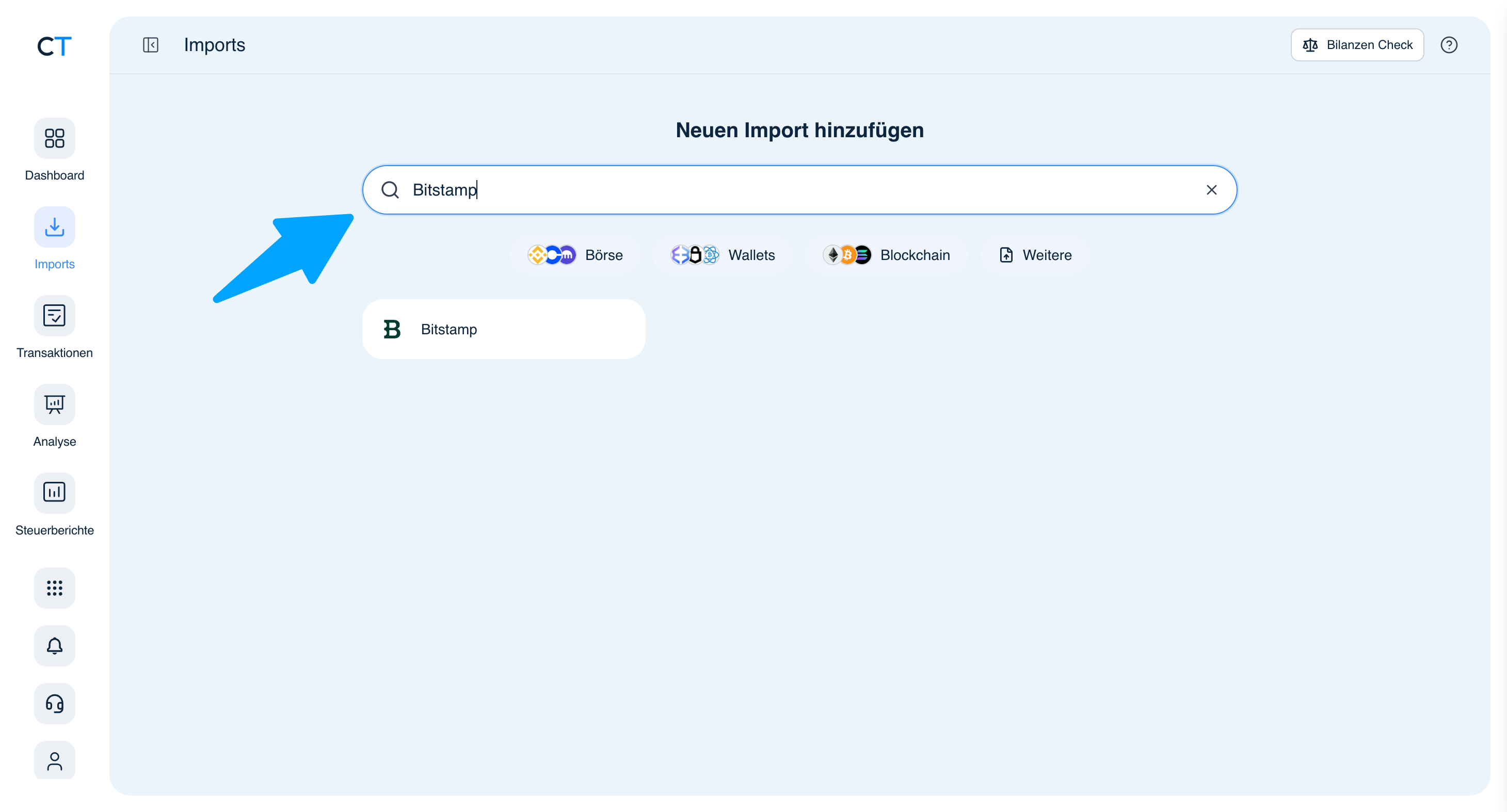 CoinTracking Import-Suche mit Bitstamp Ergebnis