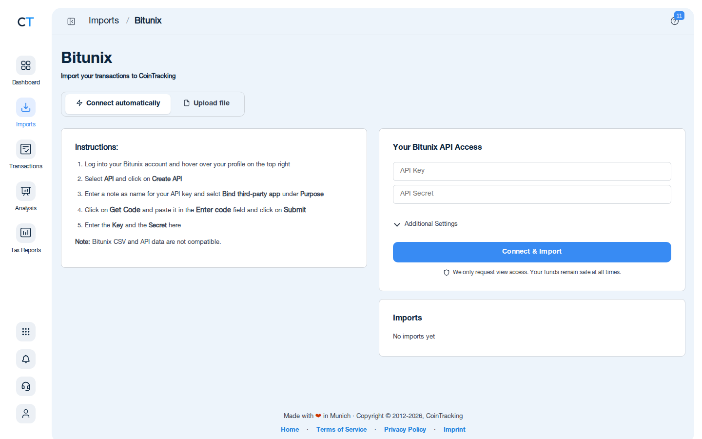 Bitunix Import-Seite in CoinTracking mit Anleitung und CSV-Upload-Button