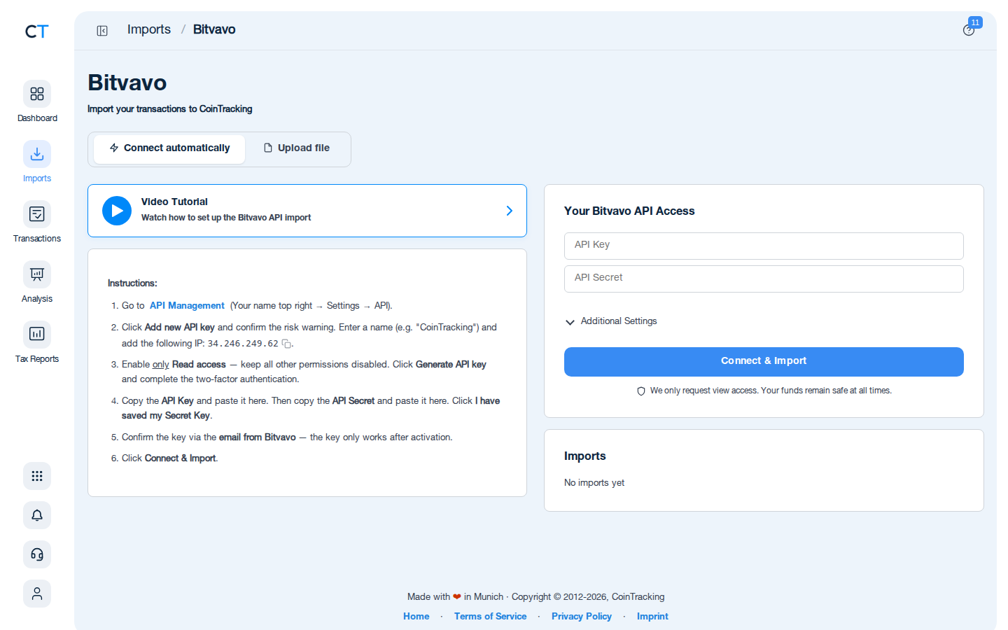 Bitvavo Import-Seite in CoinTracking mit API-Verbindungs- und CSV-Upload-Optionen