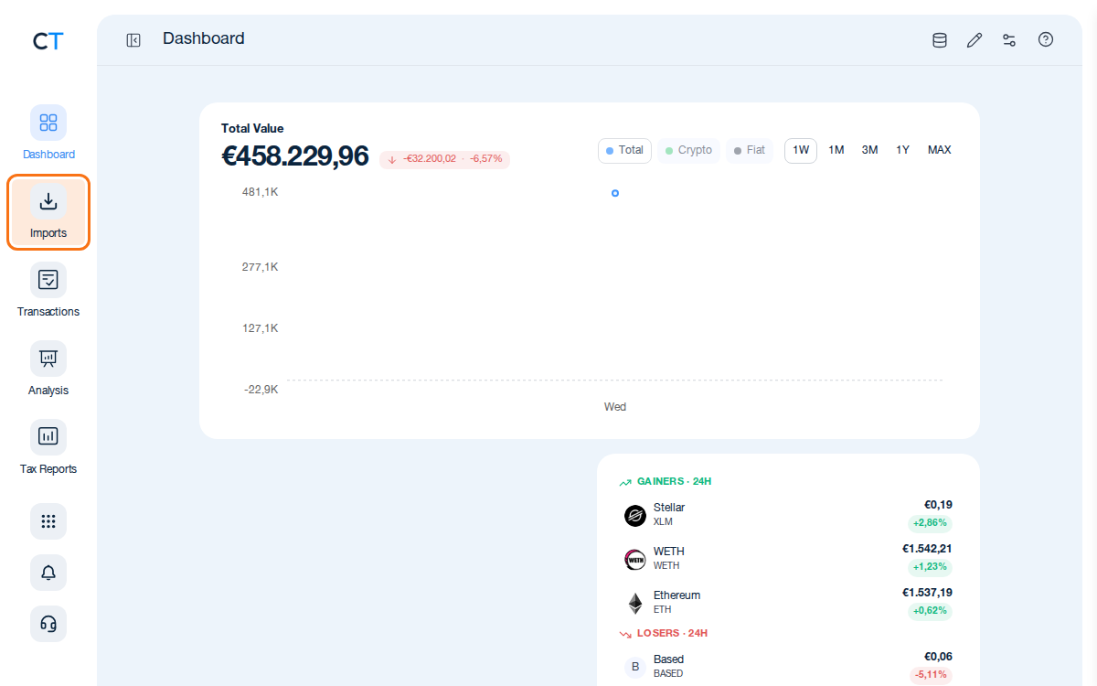 CoinTracking Dashboard mit hervorgehobenem Import-Symbol in der linken Navigation