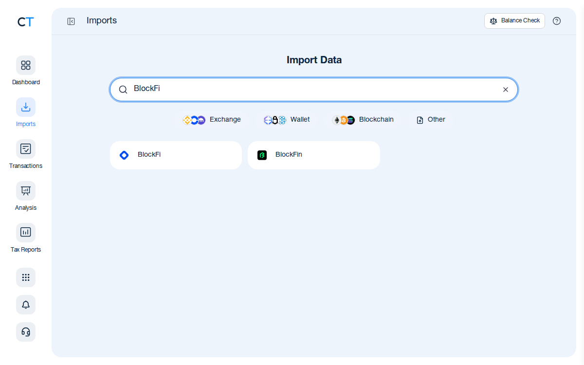 CoinTracking Import-Suche mit BlockFi-Ergebnis nach Eingabe von 'BlockFi' in das Suchfeld