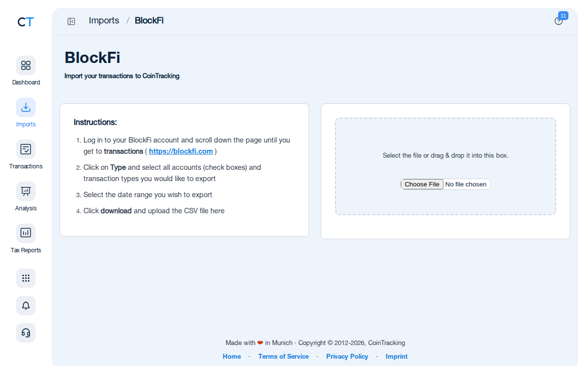 BlockFi Import-Seite in CoinTracking mit Importanleitung und CSV-Upload-Bereich
