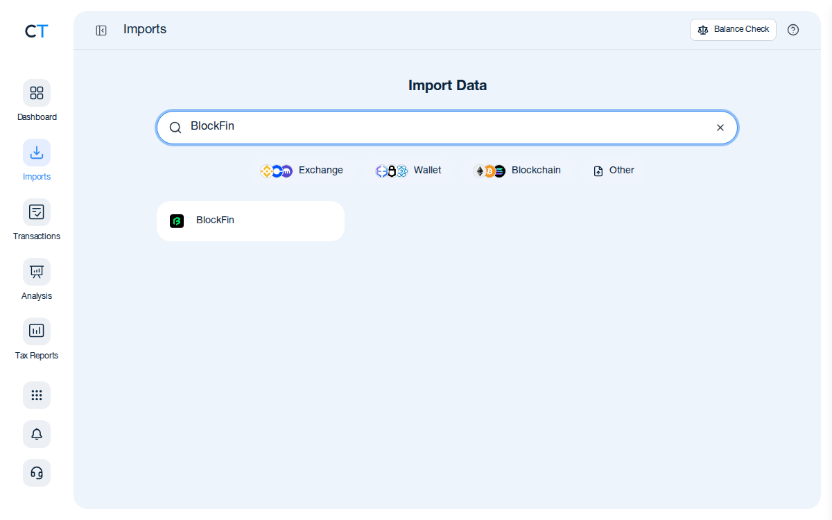 CoinTracking import search showing the BlockFin exchange card after typing BlockFin in the search box