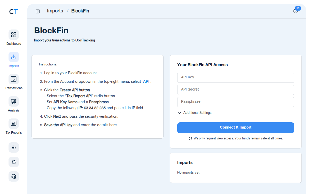 BlockFin CSV import page in CoinTracking showing the import instructions and file upload area