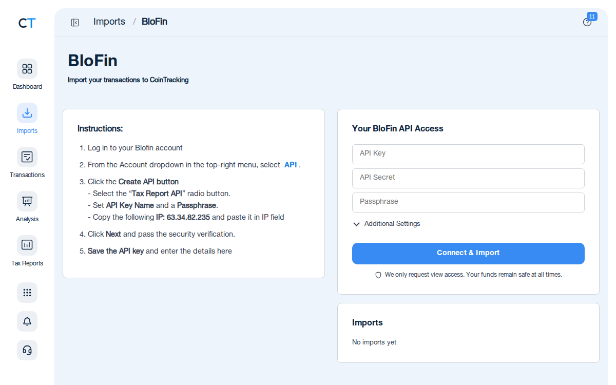 BloFin Import-Seite in CoinTracking mit Importanleitung und CSV-Upload-Bereich