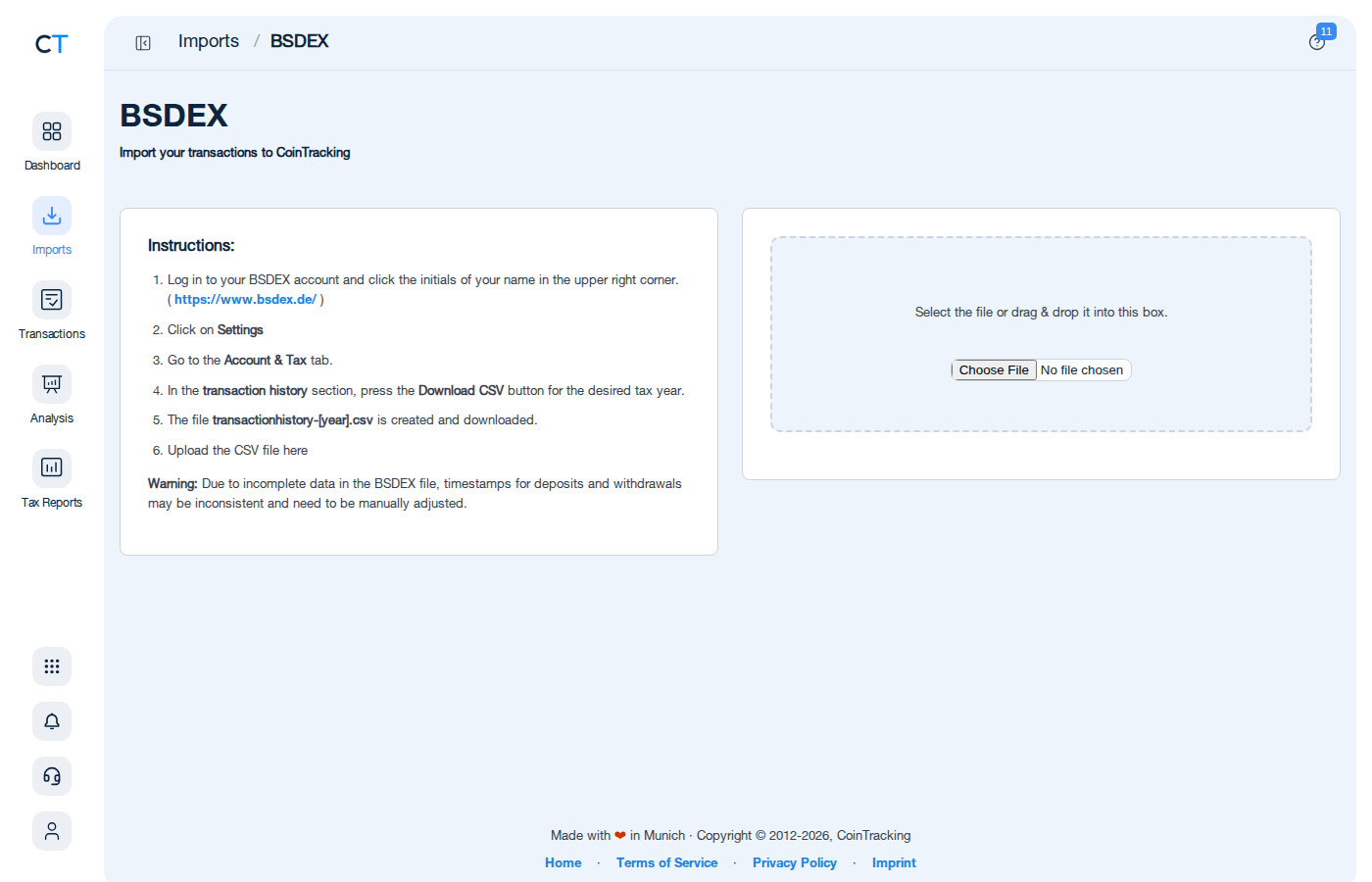 BSDEX Import-Seite in CoinTracking mit Anleitung und CSV-Upload-Button