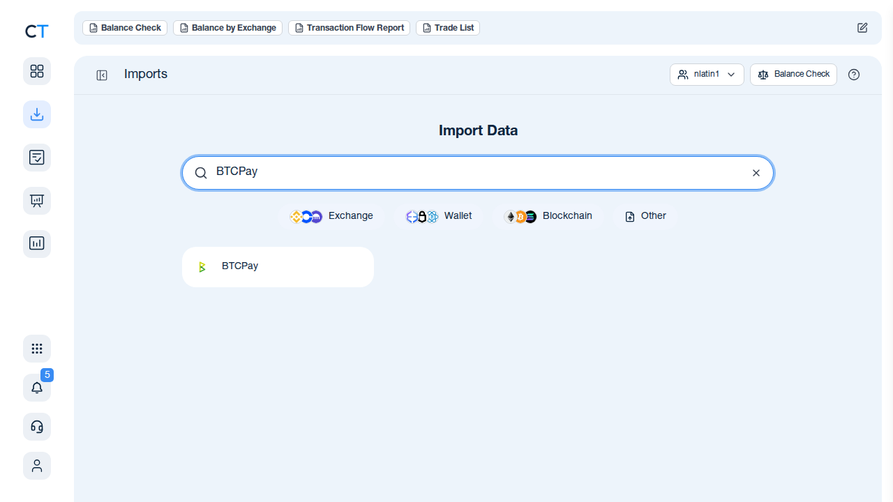 CoinTracking Import-Suche mit BTCPay-Karte nach Eingabe von BTCPay in das Suchfeld