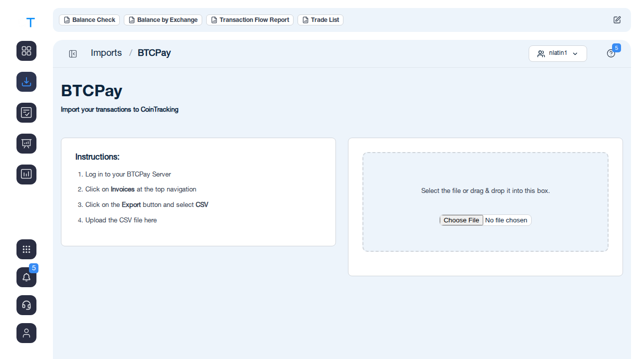 BTCPay Import-Seite in CoinTracking mit Anleitung und CSV-Upload-Button