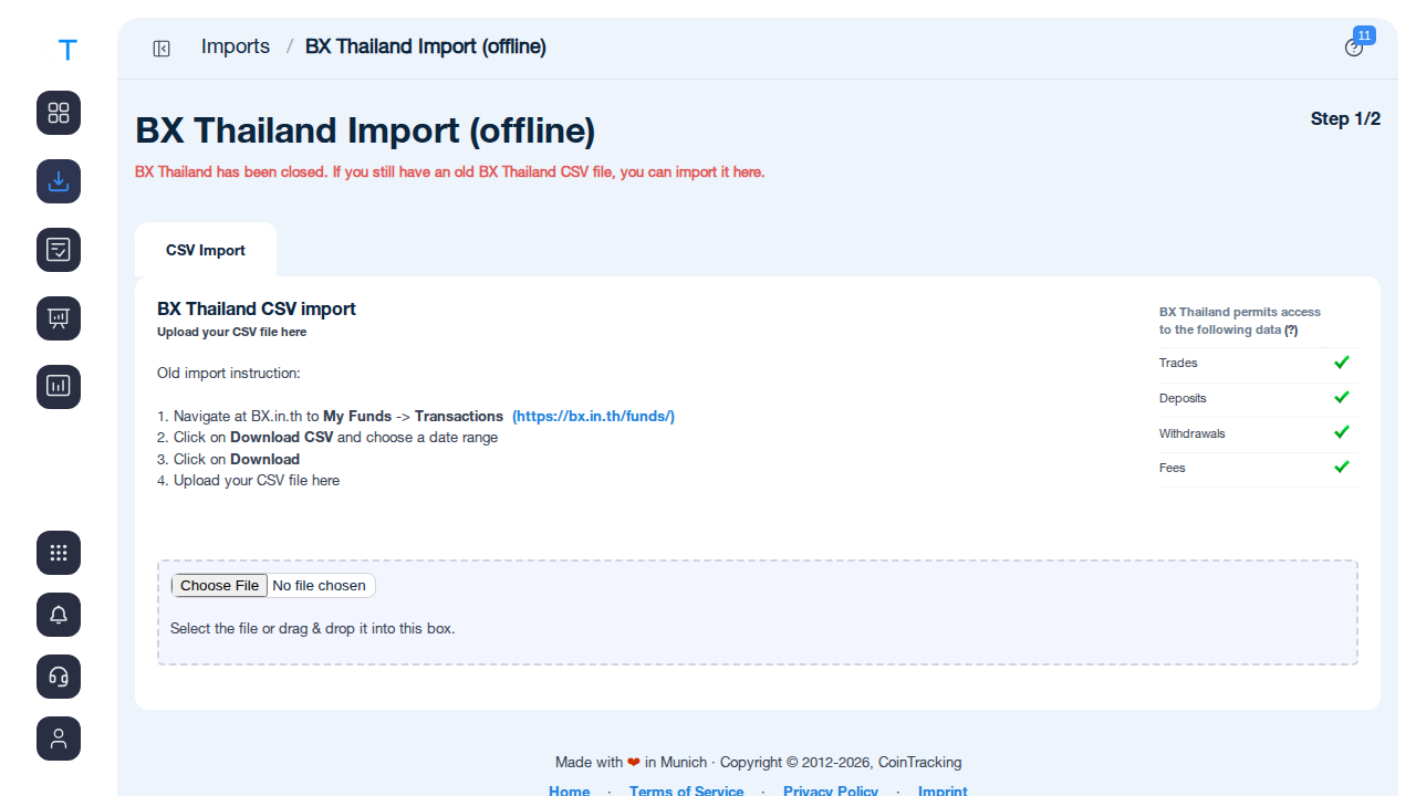 BX Thailand CSV import page in CoinTracking with a Choose File upload button
