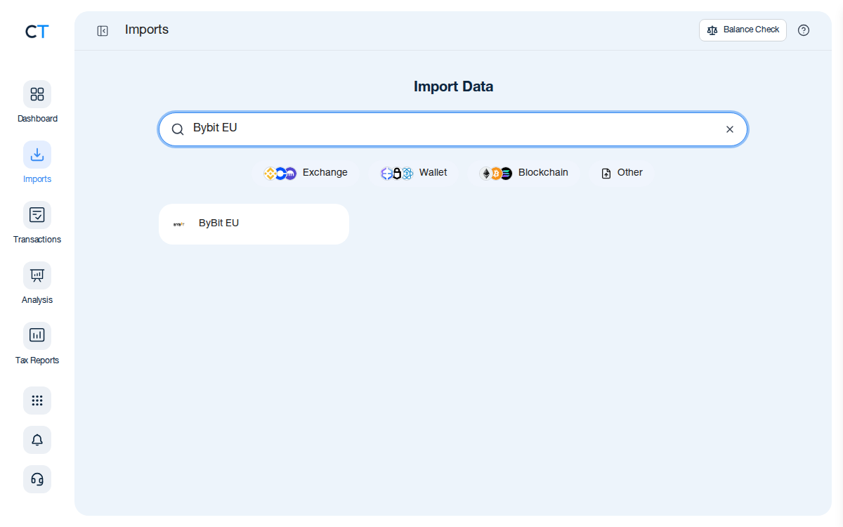 CoinTracking Import-Suche mit Bybit EU-Ergebnis nach Eingabe von 'Bybit EU' in das Suchfeld