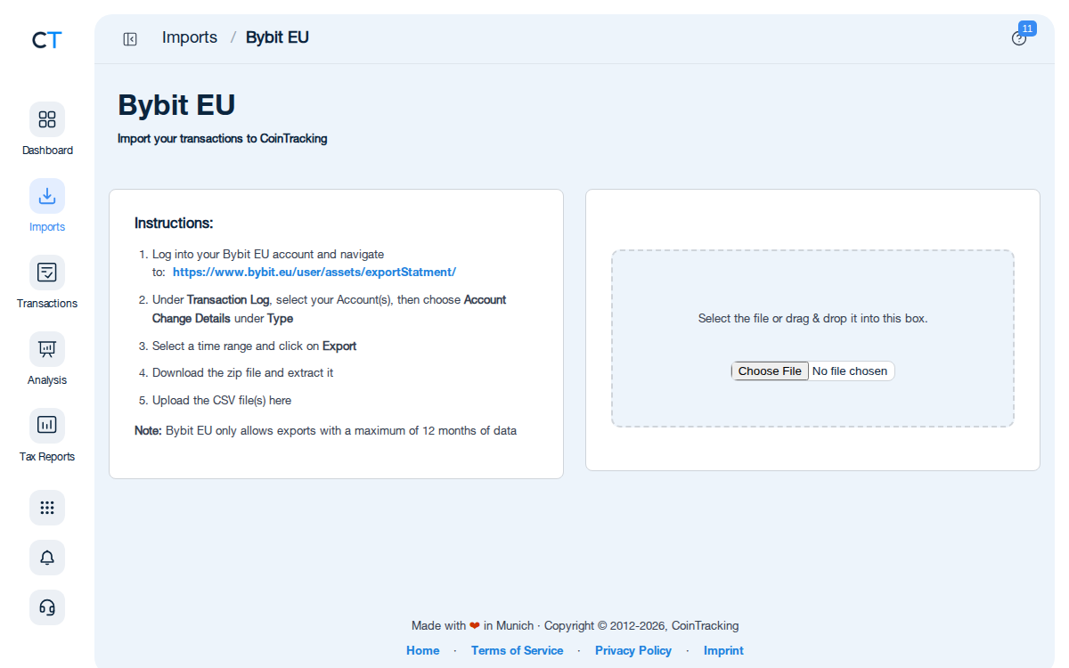 Bybit EU Import-Seite in CoinTracking mit Importanleitung und CSV-Upload-Bereich