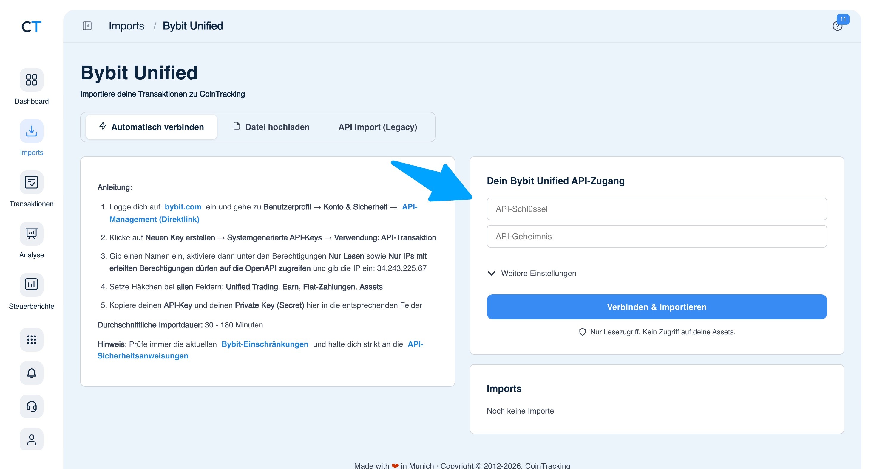 CoinTracking ByBit Unified Import mit API-Schlüssel Feldern und Verbinden-Button