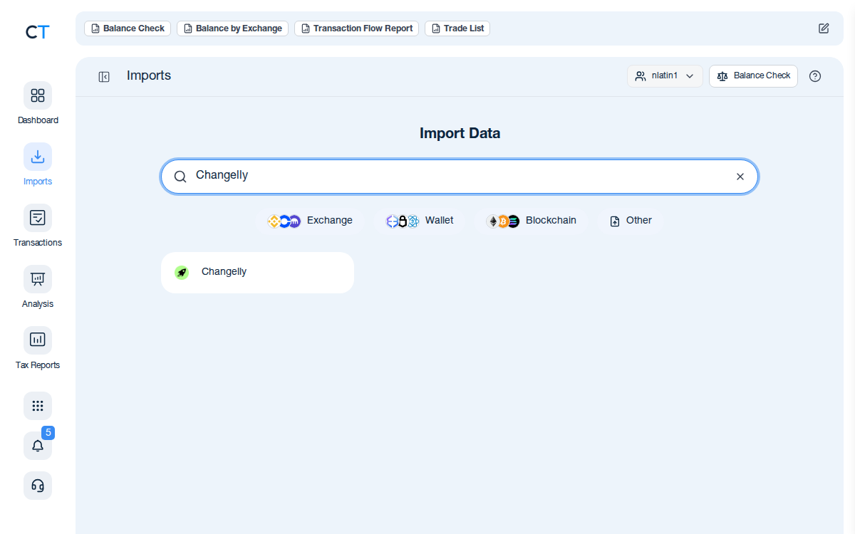 CoinTracking import search showing the Changelly exchange card after typing Changelly in the search box